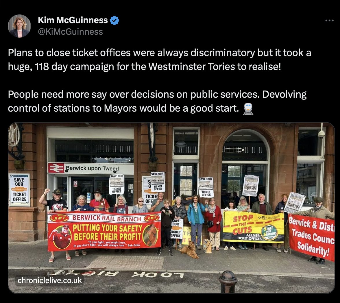 I'm blocked by @KiMcGuinness so unable to ask exactly what she did to support the campaign opposing ticket office closures. I expect the people in the Chronicle photo will be voting for @MayorJD #JamieDriscoll who was a regular on the @RMTunion @DPACne protests.