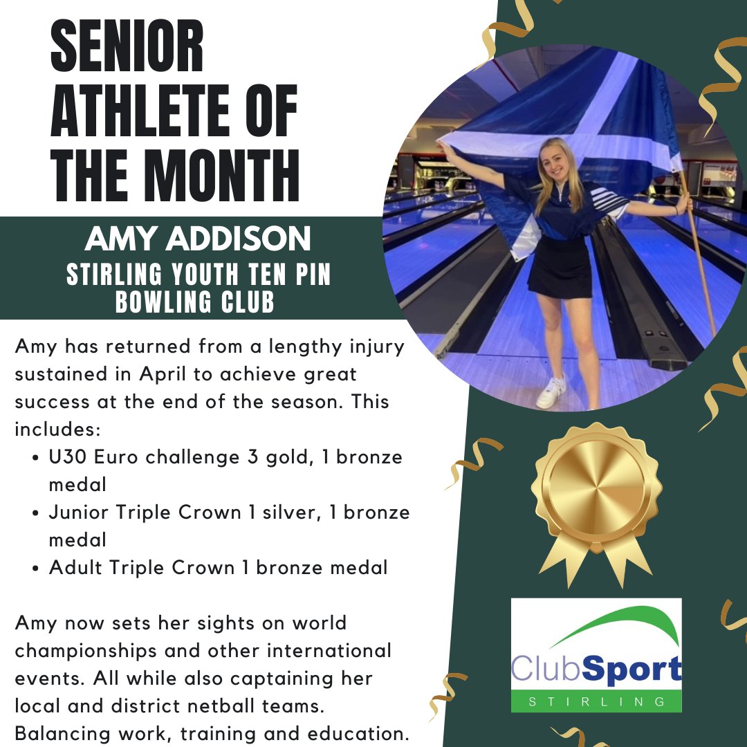 ClubSportStlg's tweet photo. NOVEMBER SENIOR ATHLETE OF THE MONTH

AMY ADDISON of @Stirlingybc 

Bowling competitively since 2010, Amy has had setbacks with the pandemic and a significant injury sustained in April. Taking on these challenges she has returned back and better than ever! Well done Amy! https://t.co/Zu67YgCiC8