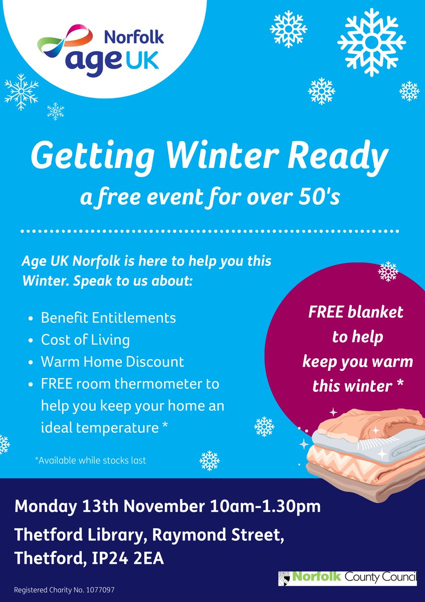 On 13th November we'll be taking our ❄️Getting Winter Ready❄️event to Thetford library. A free event for over 50s, come and chat to us about benefits, cost of living, warm home discount & more! #gettingwinterready