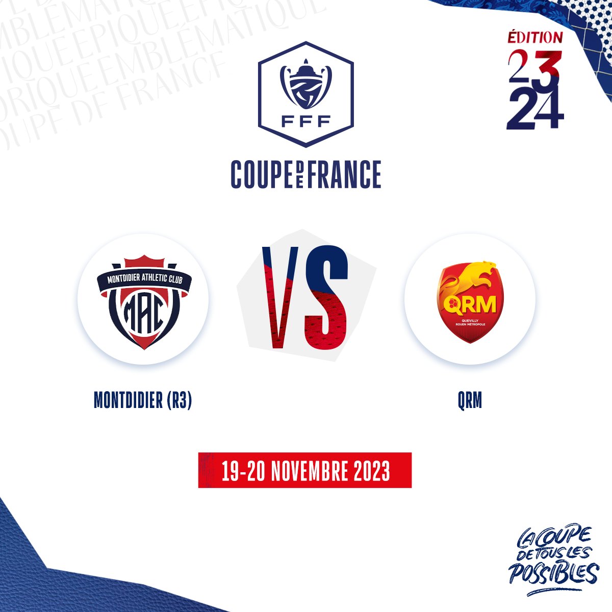 QRM's tweet photo. 🏆 QRM se déplacera à Montdidier, pensionnaire de R3, à l'occasion du 7ème tour de la Coupe de France !

📅 Le match se déroulera le week-end du 18-19 novembre. https://t.co/y3IvrOcgqW