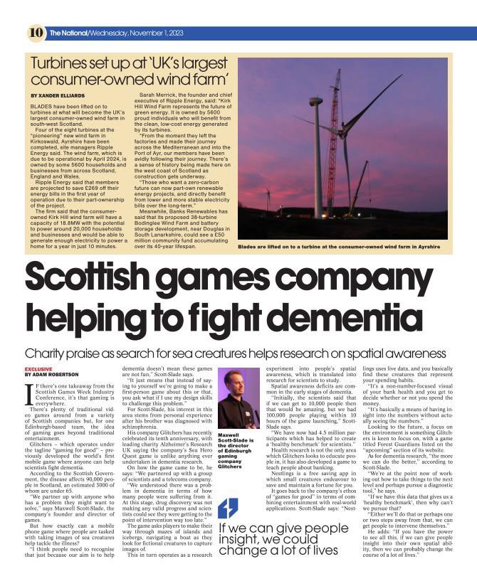 A wonderful article in today’s <a href="/ScotNational/">The National</a> paper.

“If we give people insight, we can change a lot of lives” <a href="/maxscottslade/">Max</a> of <a href="/glitchers/">GLITCHERS</a>. 

Written by the talented <a href="/adam_robertson9/">Adam Robertson</a> #SGW23