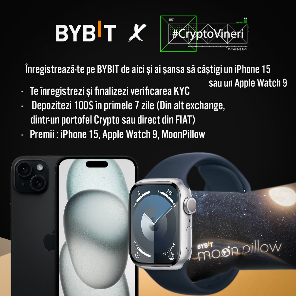andreibratucu's tweet photo. 🎁iPhone 15 x Apple Watch 9 x MoonPillow🎁

După lungi discuții am reușit! Am mărit din nou prize pool-ul pentru campania cu Bybit. Vreau să continuăm să oferim posibilitatea de premii cât mai importante și momentan eu zic că stăm bine. 

Deci 

📄Tot ce trebuie să faci:  
- Intri pe acest link https://t.co/FZdv8erJoN
- Te înregistrezi și finalizezi verificarea KYC  
- Depozitezi 100$ în primele 7 zile (Din alt exchange, dintr-un portofel Crypto sau direct din FIAT)   
- Până la data de 4 Decembrie 2023

O să avem 3 câștigători. Fiecare cu unul dintre premii. Amintesc că până acum câștigătorii au ales să transforme premiile în cash. Să vedem de data asta. 

Succes tuturor!

Și după cum am obișnuit, fac un airdrop și aici pe X. Orice retweet la aceasta postare intră în giveaway pentru 50 $MNT.