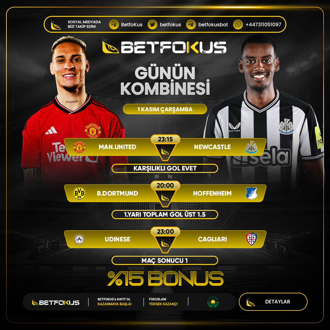 📣 Günün Kombine Bahsi BETFOKUSTA

⚽️Manchester United⚡️Newcastle United 
👉Maç sonucu :   Karşılıklı Gol Var

⚽️Borussia Dortmund⚡️Hoffenheim
👉Maç sonucu : İY 1.5 gol üst

⚽️Udinese⚡️Cagliari
👉Maç sonucu : 1