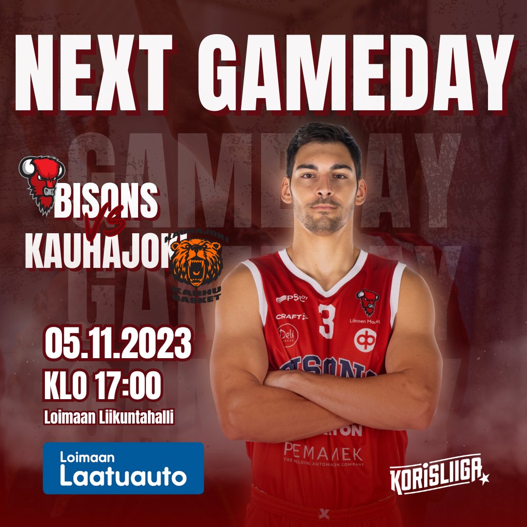 Biisonit's tweet photo. Sunnuntaina Biisonit saavat vieraita Kauhajoelta 💯

Tuu hallille katsomaan kumpi vie pisteet kotiin 🫵

🆚: @karhubasket
⏰: 17:00
📍: Loimaan Liikuntahalli
📺: @ruutu_urheilu
🎫: https://t.co/FOr6FrF6gD / ovelta

#Bisons | #Craft | #Korisliiga https://t.co/hFCFu3zQmq