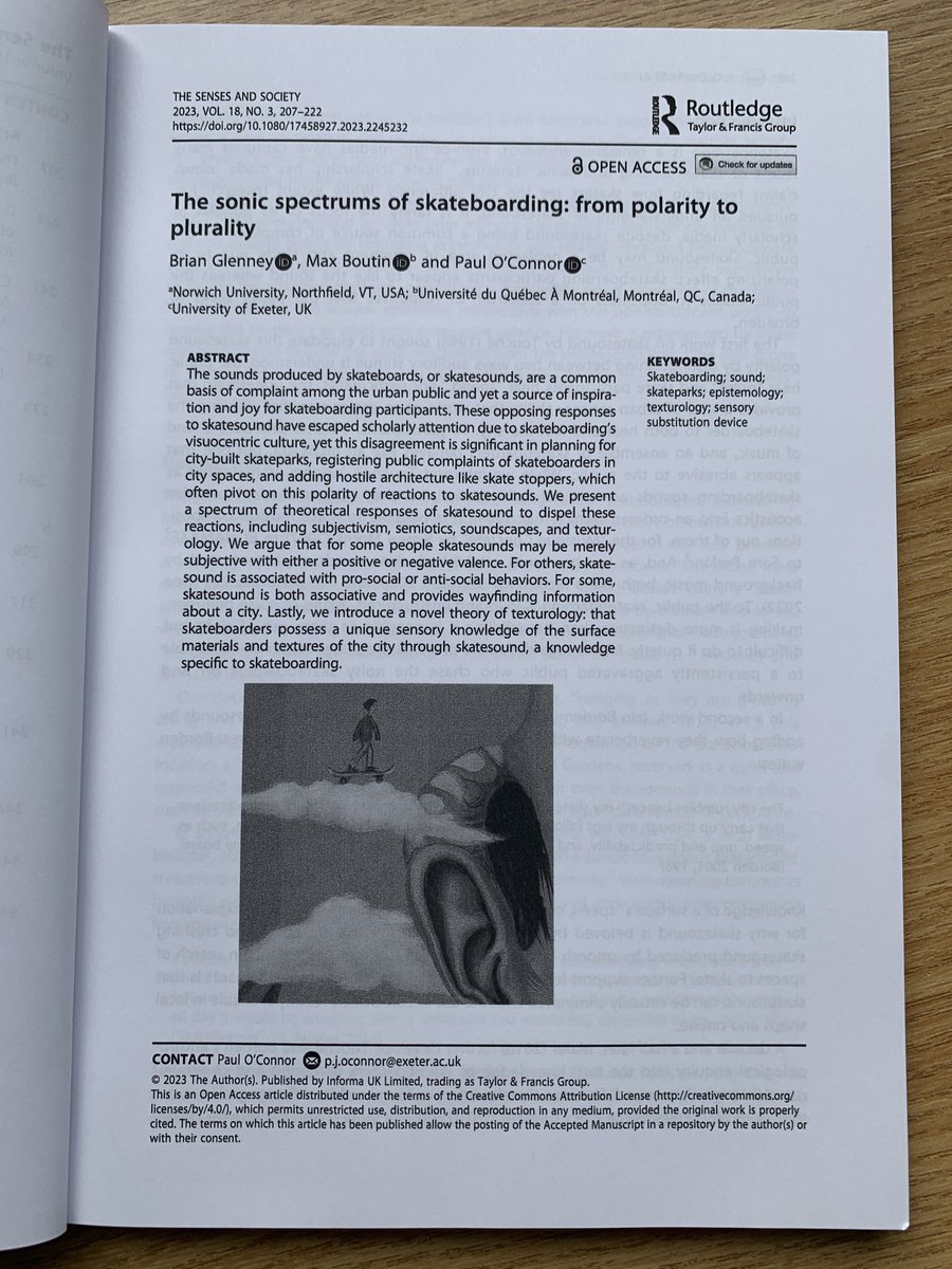 Another article out in actual print! It's the zeitgeist. Congrats @brianglenney and @texturologies on our first skateboard sound paper getting published (more to come) in 'The Senses and Society' journal tandfonline.com/doi/full/10.10…