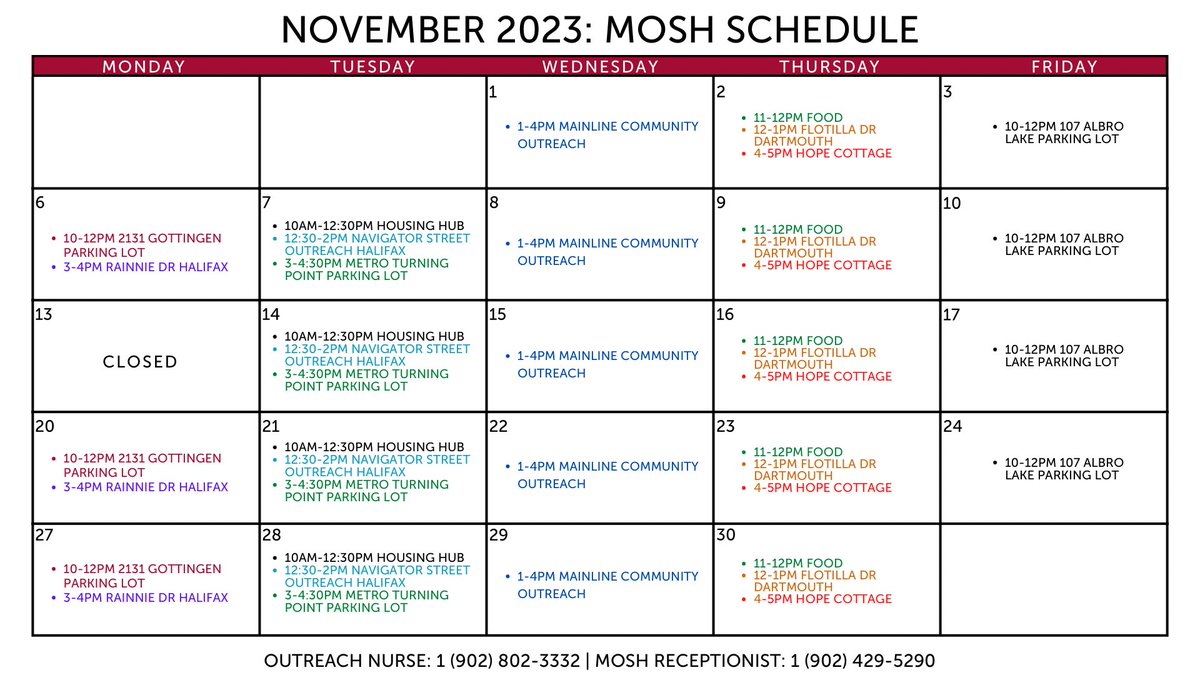 November MOSH Schedule! @welcomehousing @SAmaritime @needleexchange2 @StreetoutreachR @BSMHalifax