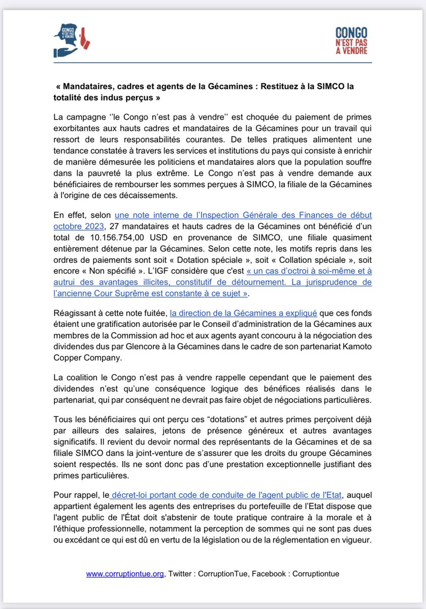 CorruptionTue's tweet photo. Nous appelons  les mandataires, cadres et agents de la Gécamines de restituer à la SIMCO la totalité des indus perçus . le Nous exigeons la démission des bénéficiaires de ces perceptions et leur traduction devant la justice en vue d’y répondre de leurs actes.
Lire 👇🏼 https://t.co/oqUuW6NEe6
