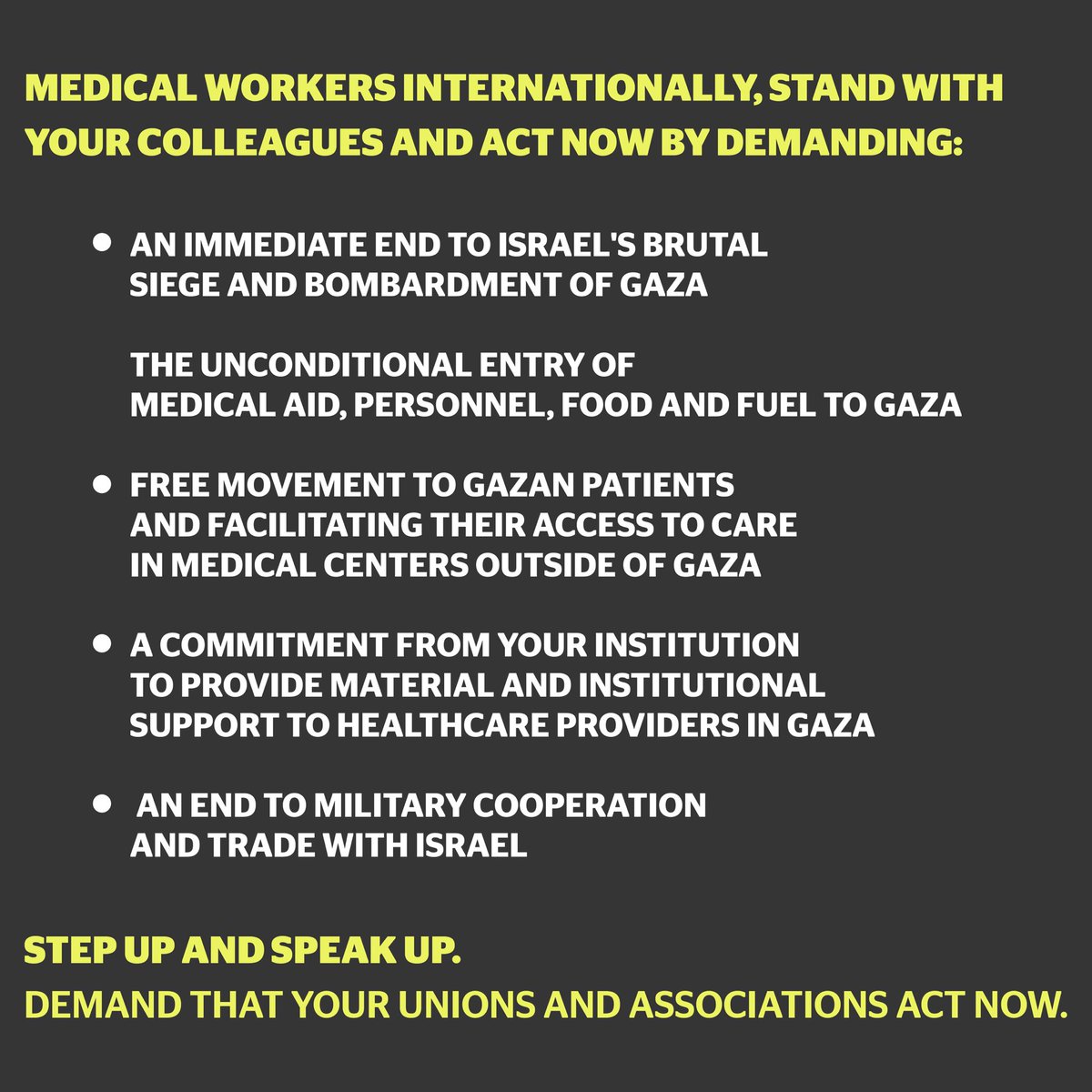 WorkersinPales1's tweet photo. As the world watches the dire conditions faced by medical workers in Gaza, the call for immediate ceasefire and end to complicity must get louder. 

Medical workers internationally, speak up for your colleagues in Gaza! 

#ceasfirenow #stoparmingisrael #solidaritywithpalestine https://t.co/NzKss3KcLL