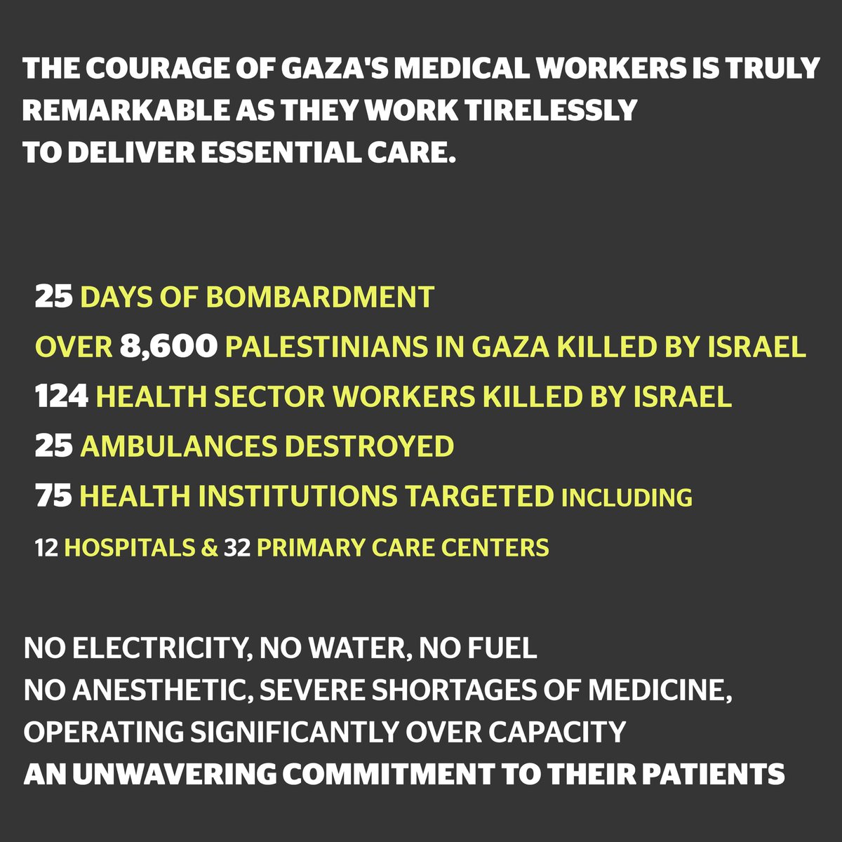 WorkersinPales1's tweet photo. As the world watches the dire conditions faced by medical workers in Gaza, the call for immediate ceasefire and end to complicity must get louder. 

Medical workers internationally, speak up for your colleagues in Gaza! 

#ceasfirenow #stoparmingisrael #solidaritywithpalestine https://t.co/NzKss3KcLL