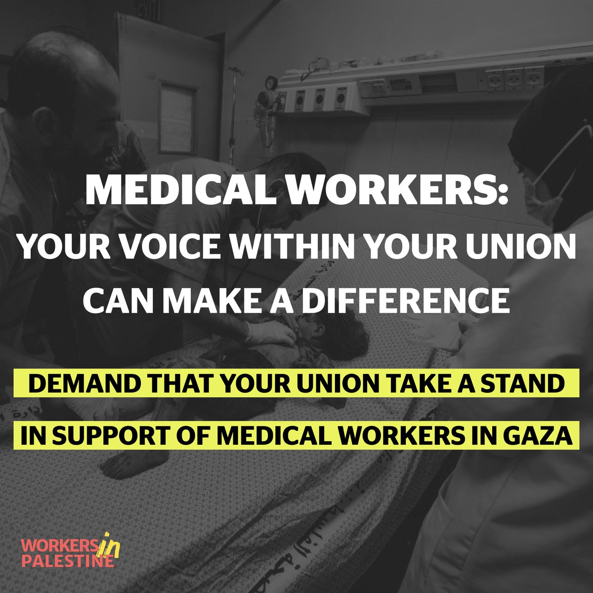 WorkersinPales1's tweet photo. As the world watches the dire conditions faced by medical workers in Gaza, the call for immediate ceasefire and end to complicity must get louder. 

Medical workers internationally, speak up for your colleagues in Gaza! 

#ceasfirenow #stoparmingisrael #solidaritywithpalestine https://t.co/NzKss3KcLL