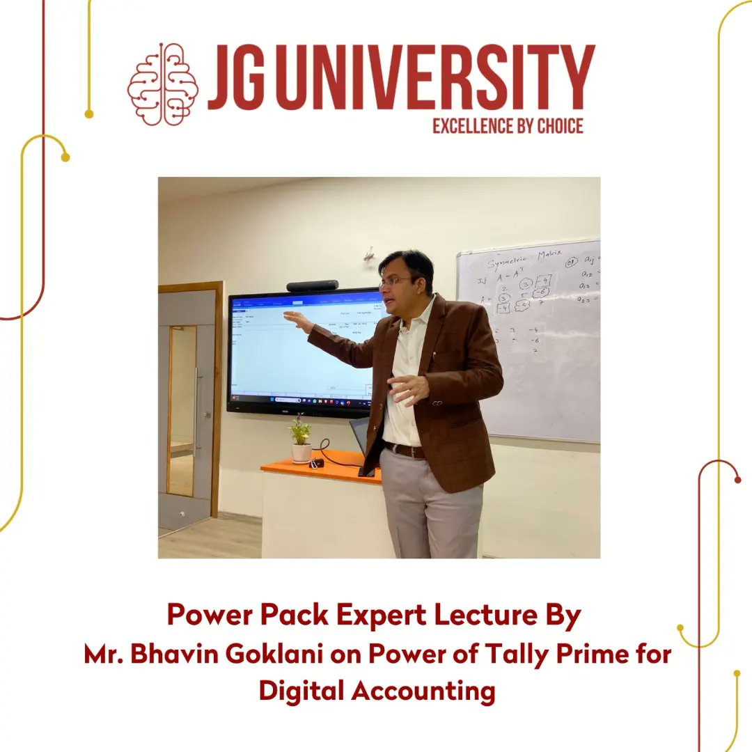_JGUniversity's tweet photo. JG University hosted an exceptionally informative and captivating expert lecture by Mr. Bhavin Goklani. The lecture centered on harnessing the power of Tally Prime for digital accounting, tailor-made for our first-year https://t.co/6Cm9VYobnl students. https://t.co/exKDiClFQr