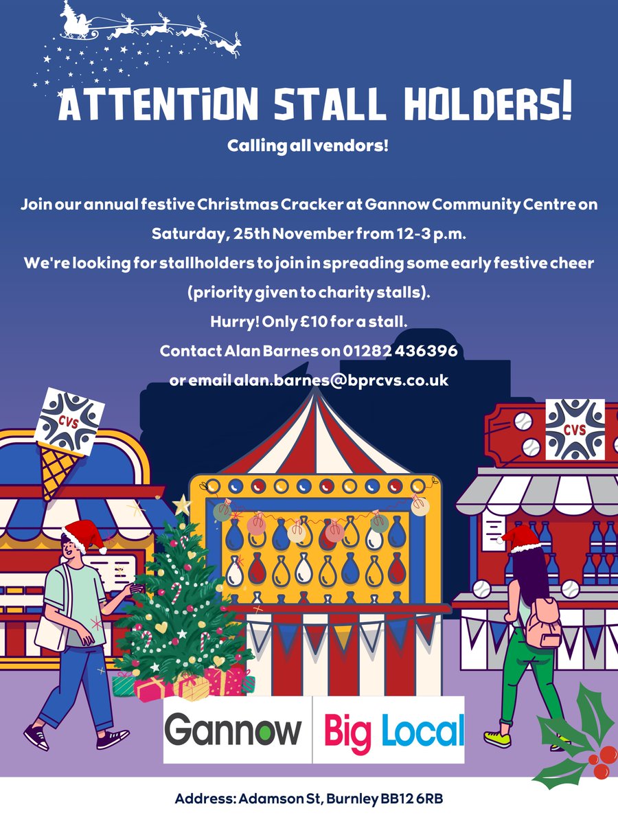 BPRCVS (@bprcvs) on Twitter photo We're looking for stallholders to join in spreading some early festive cheer (priority given to charity stalls).
Hurry! Only £10 for a stall.
Contact Alan Barnes on 01282 436396
or email alan.barnes@bprcvs.co.uk
#GannowXmasCracker #Gannow #Burnley #Charity #Xmas We're looking for stallholders to join in spreading some early festive cheer (priority given to charity stalls).
Hurry! Only £10 for a stall.
Contact Alan Barnes on 01282 436396
or email alan.barnes@bprcvs.co.uk
#GannowXmasCracker #Gannow #Burnley #Charity #Xmas