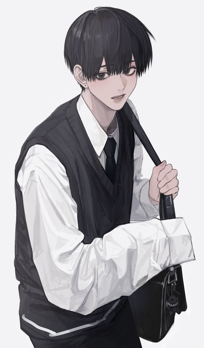 solo 1boy male focus bag black hair necktie white background  illustration images