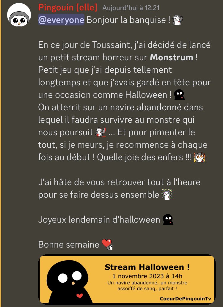 Vous aimez Halloween et vous en voulez toujours plus ? Alors rendez-vous à 14h sur twitch.tv/coeurdepingoui…

#Twitch #Monstrum #Halloween