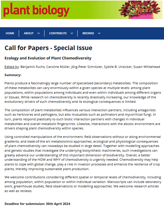 Call for papers! 🤗 We are happy to receive contributions to our Special Issue on Plant Chemodiversity in the Journal 'Plant Biology' 🌾🌻 #chemicalecology #chemodiversity #ecometabolomics #plantsci Details 👇