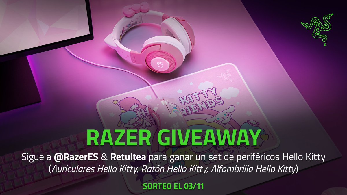 RazerES's tweet photo. ¡Feliz Cumpleaños Hello Kitty! 
😻💖🌸

Y lo celebramos con sorteo ✨
1⃣ Follow nuestra cuenta
2️⃣ RT a este tuit
3️⃣ Ganador solo España

Informaremos al ganador el 3 de Noviembre. ¡Mucha suerte! ✨ https://t.co/3ubrW86iLD