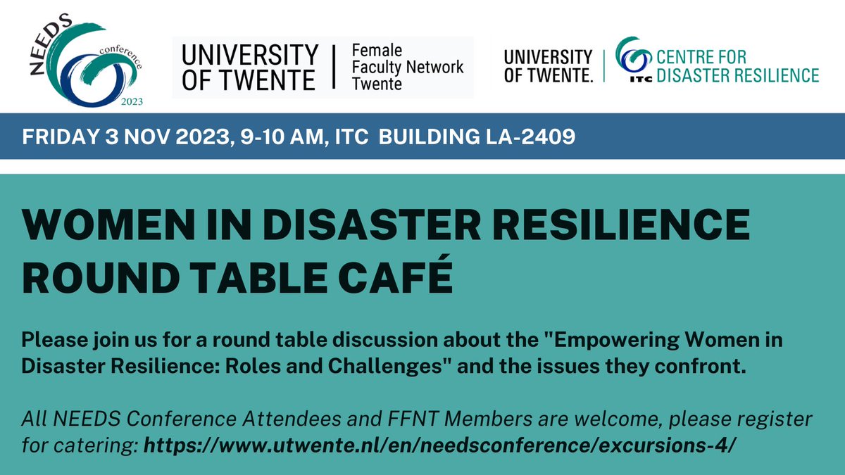 NEEDS 2023 (@needs_conf) on Twitter photo Please join us Friday 9-10 am for a round table discussion on "Empowering Women in #Disaster Resilience: Roles and Challenges" and the issues they confront. Where: <a href="/FacultyITC/">Faculty ITC | University of Twente</a> LA-2409. Free for <a href="/Needs_conf/">NEEDS 2023</a> and <a href="/UTwente/">University of Twente (inactive)</a> FFNT members to join! but please register for catering. Please join us Friday 9-10 am for a round table discussion on "Empowering Women in #Disaster Resilience: Roles and Challenges" and the issues they confront. Where: <a href="/FacultyITC/">Faculty ITC | University of Twente</a> LA-2409. Free for <a href="/Needs_conf/">NEEDS 2023</a> and <a href="/UTwente/">University of Twente (inactive)</a> FFNT members to join! but please register for catering.