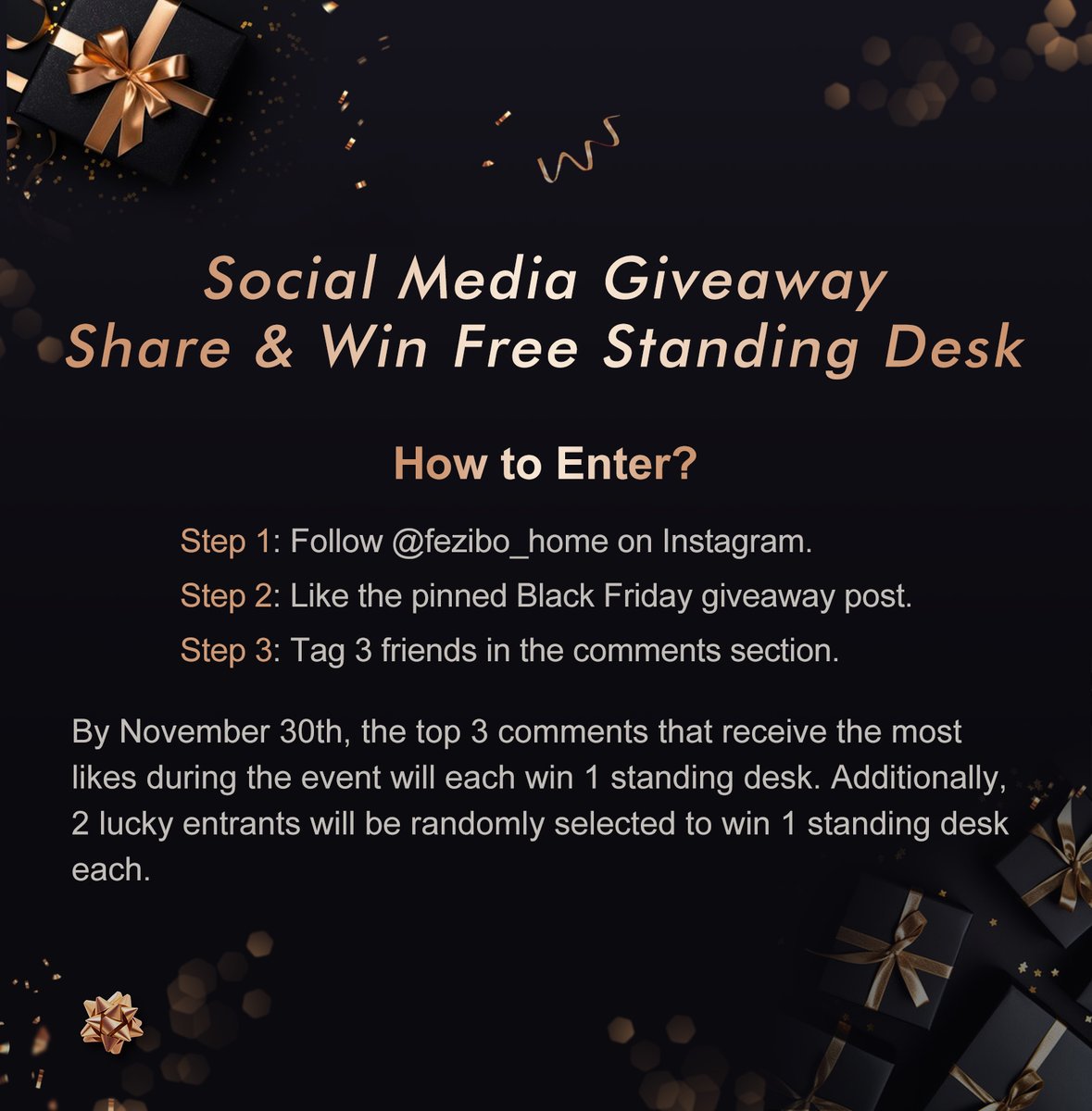 🎁 GIVEAWAY: WIN A FREE STANDING DESK! 🎁
Join our Black Friday/Cyber Monday celebration and stand a chance to win a FREE standing desk !
We'll select 3 winners with the most likes &amp; 2 lucky winners at random. Don't miss out &amp; Good luck! 🍀
#Giveaway #BlackFriday #CyberMonday
