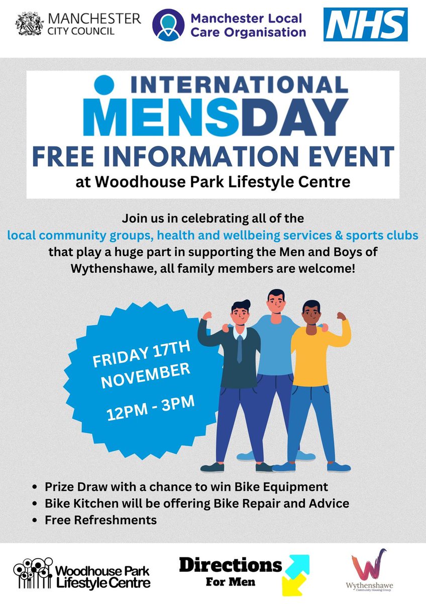 Read Easy Manchester South & West (@readeasymsw) on Twitter photo There's a great free event coming up on Friday 17 November @WPLifestyleCent from 12 to 3pm to meet and chat to all the community groups that help boys and men in #Wythenshawe. Free refreshments too!
@CD_WCHG <a href="/mcrlco/">Manchester Local Care Organisation</a> <a href="/MCCWythenshawe/">MCC Wythenshawe</a> <a href="/Directions4Men/">DirectionsForMen</a> There's a great free event coming up on Friday 17 November @WPLifestyleCent from 12 to 3pm to meet and chat to all the community groups that help boys and men in #Wythenshawe. Free refreshments too!
@CD_WCHG <a href="/mcrlco/">Manchester Local Care Organisation</a> <a href="/MCCWythenshawe/">MCC Wythenshawe</a> <a href="/Directions4Men/">DirectionsForMen</a>