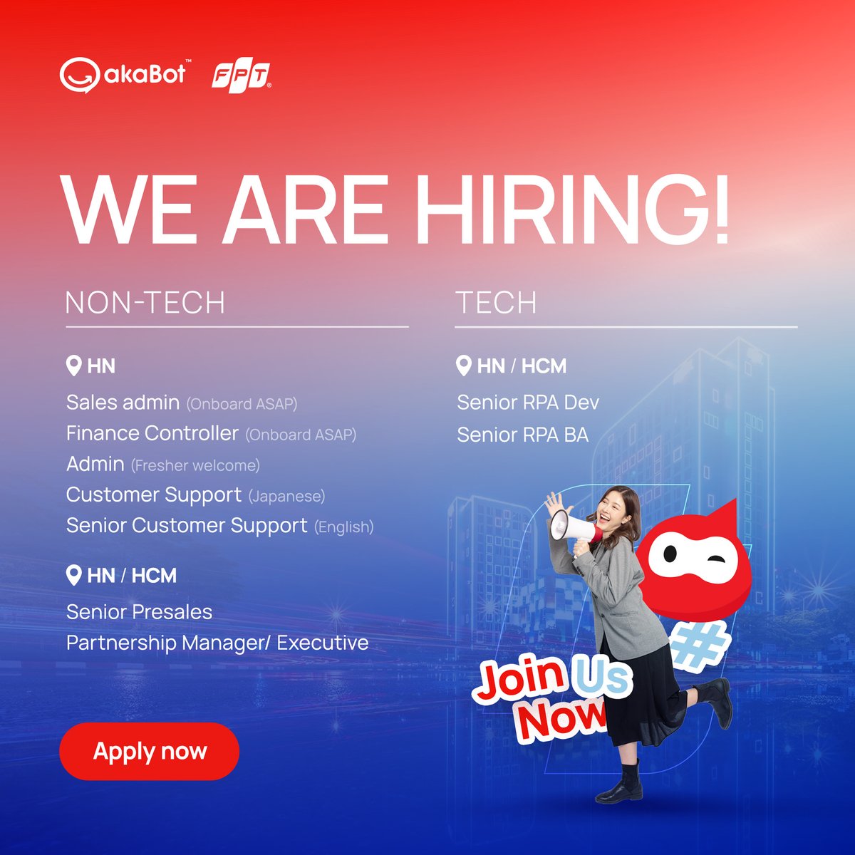akaBot_FPT's tweet image. We are hiring! This November, akaBot is offering exciting opportunities in both Tech and Non-tech positions.
Send your CV to GiangNTH28@fpt.com and kickstart your journey with us today! 🚀

#FastAutomation #akaBot #RPA #automation #hyperautomation #digitaltransformation