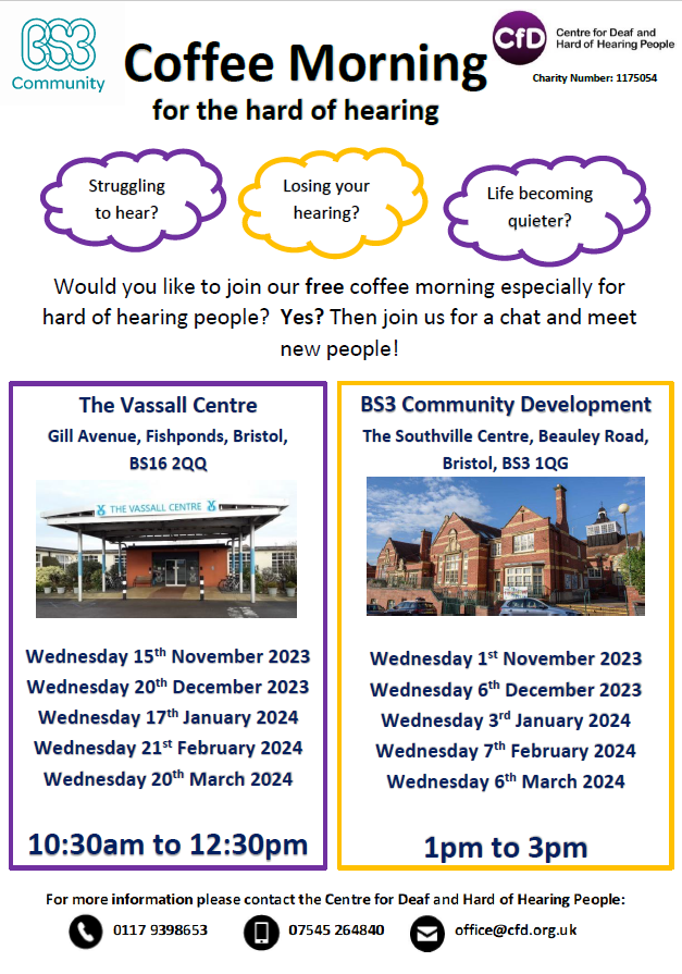 Coffee mornings for hard-of-hearing people As well as The Vassell Centre, we are working with BS3 Community Development to provide coffee morning sessions for hard-of-hearing people at their venue. #Coffeemorningforhardofhearing #VassellCentre #Hardofhearingcoffeemorning