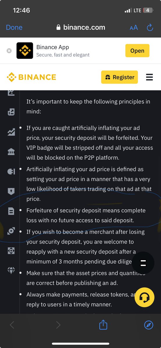 donlyrichking's tweet photo. @BinanceHelpDesk @mydesirehome It is written on the new Binance p2p merchant guidelines and I highlighted it out  
“•Forfeiture of security deposit means complete loss with no future access to said deposit.” https://t.co/uFKkHPD9xF