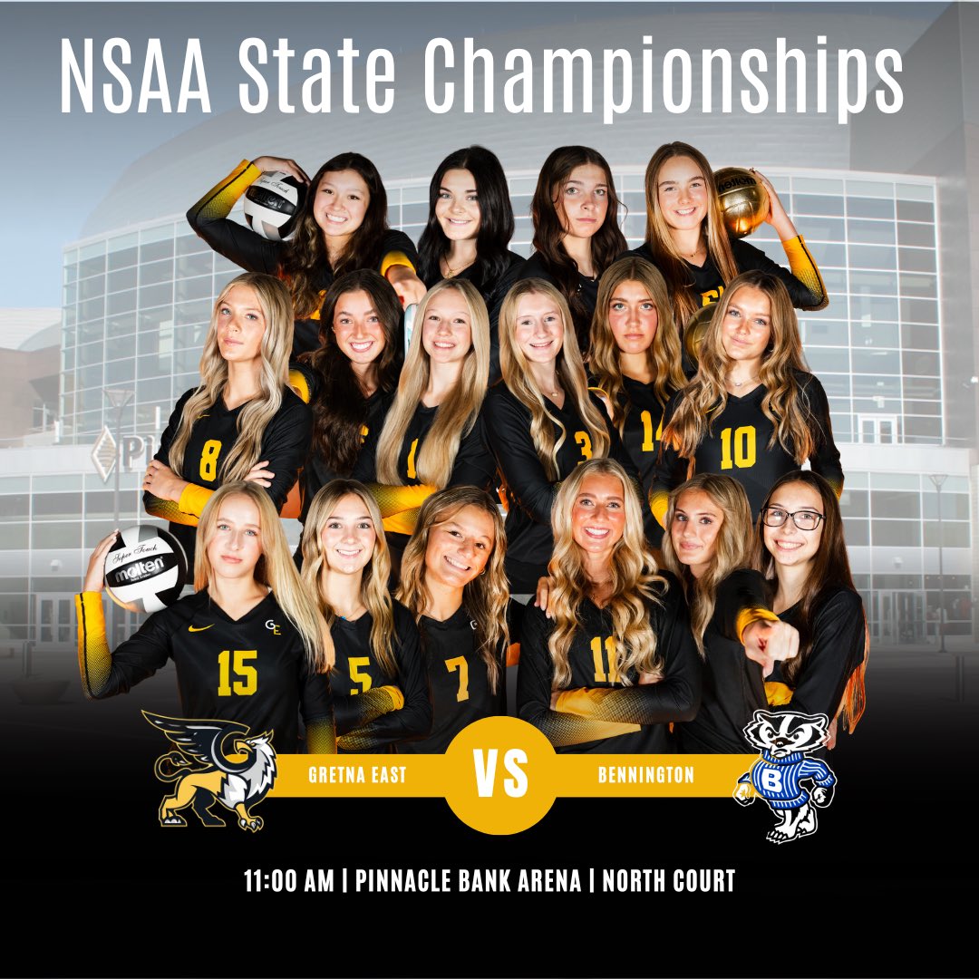 ITS STATE TIME🤩 

𝙎𝙩𝙖𝙩𝙚 𝙌𝙪𝙖𝙧𝙩𝙚𝙧𝙛𝙞𝙣𝙖𝙡𝙨
🕐11:00 am
🆚Bennington Badgers
🏟Pinnacle Bank Arena
⬆️ North Court 

#GriffVB