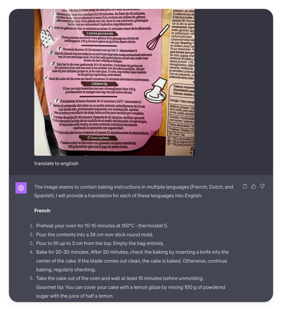 DataChaz's tweet image. Finally, I no longer need to translate French recipes for my British wife! Thanks, #ChatGPTVision! 😁

🧁#ProductivityTips
