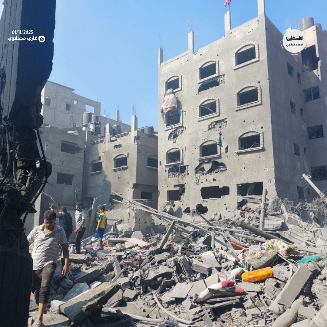 Timesofgaza's tweet photo. After dropping six tons of explosives on Jabalia camp yesterday afternoon, lsraeli warplanes strike another residential block in the same area, killing and injuring tens of Palestinians. https://t.co/SZgrbLHqbG