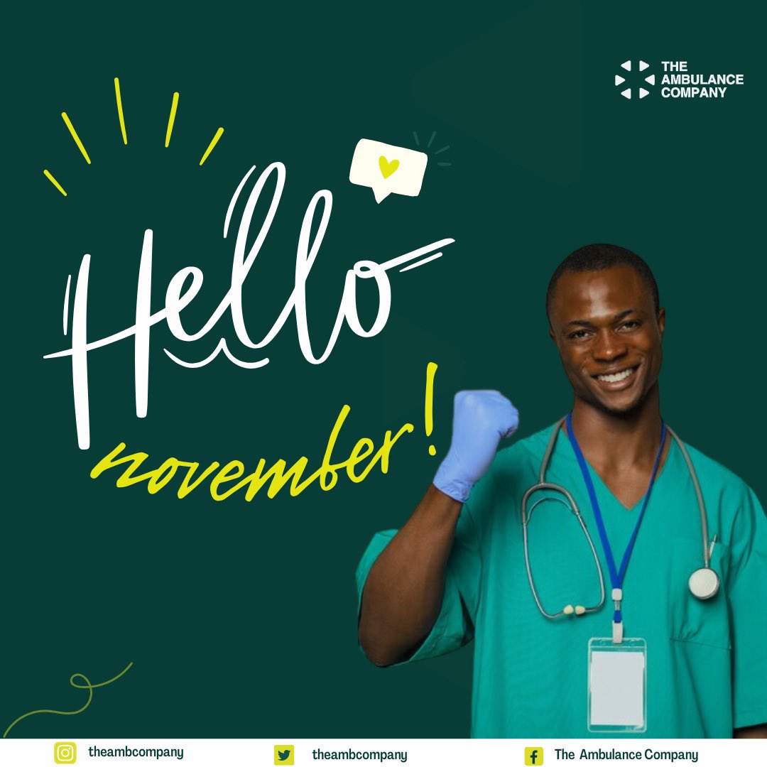 Cheers to another 30 days to create, achieve, and save more lives! ⛑️🚨🚑🚑 

Happy New Month Everyone, from All of us at AMBCO💚.  

Remember we will always be your lifeline☎️ when you need it most. Let's make it a November to remember🌟.

#HappyNovember #happynewmonth❤️ #lagos