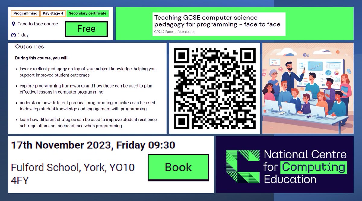pddring's tweet photo. Calling all #Computing teachers and ECTs:

Join me for a fully funded (free) one day @WeAreComputing Teaching GCSE computer science pedagogy for programming course on 17th Nov at @fulfordschool in York

Find out more: https://t.co/VfqYlvUAIN https://t.co/jcaQpLNXPK