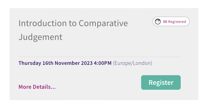 daisychristo's tweet image. Our next Comparative Judgement webinar is on Thurs Nov 16 at 4pm.

It will explain how you can use Comparative Judgement to rethink the way you assess.

nomoremarking.com/events?country…
