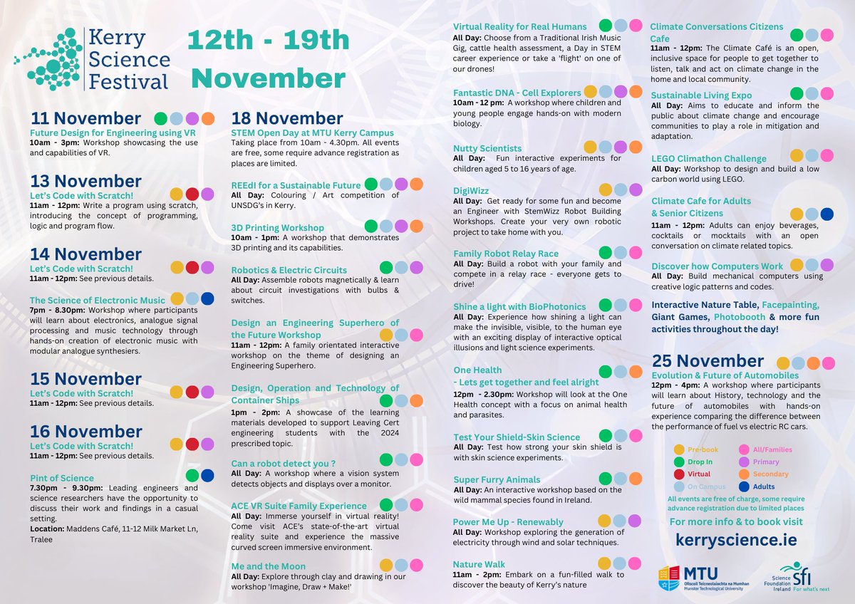 kerrysciencef's tweet photo. ✨Revealing Kerry Science Festival 2023 events and workshops✨

This year’s festival will host over 30 STEM-themed events, culminating with a STEM Showcase &amp; Family Day at MTU’S Kerry North Campus on Saturday November 18th.

All are welcome to join!

#scienceweek https://t.co/H4jv44cfVJ
