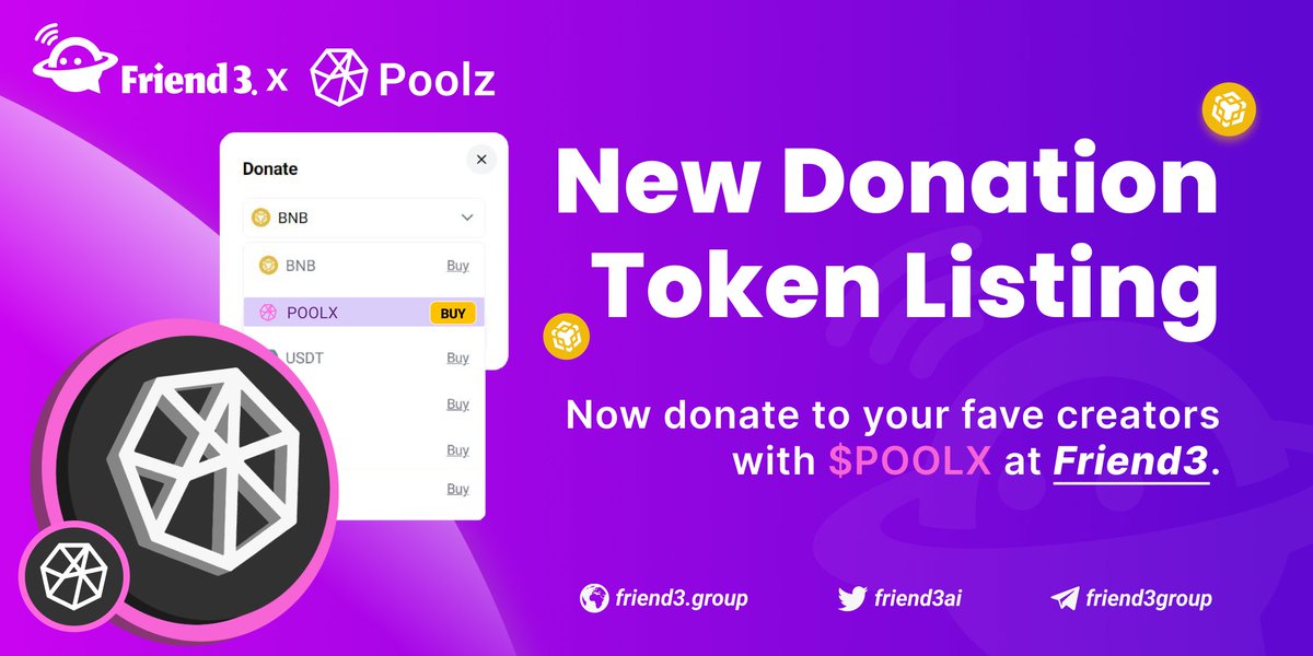 Friend3AI's tweet photo. 🔊 Another New Donation Token Listed Alert -- $POOLX !

Now use $POOLX not just for the $F3 #IDO on @Poolz__ but also to back your fave creators on @Friend3AI ! 🌟

Just like, RT this tweet, and share your #Friend3 group link below to win a Group ticket+5 $POOLX tip! 🎁

#POOLX #IDO #SocialFi #F3tokens