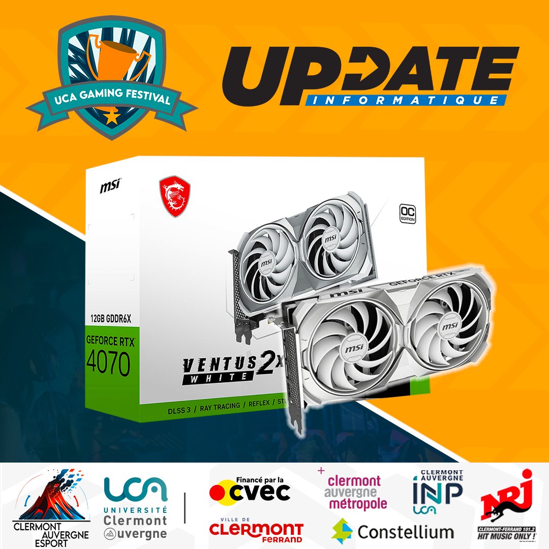 𝑱𝒆𝒖 𝑪𝒐𝒏𝒄𝒐𝒖𝒓𝒔 !

Votre carte graphique fatigue ? Il est temps de changer ! 😎

Pour participer :
👉 Follow @UcaGamingFest
👉 Follow <a href="/update_info63/">UPDATE INFORMATIQUE</a>

🔁 Repost la publication

TAS le 8 novembre 2023 avec remise sur scène le jour  de l'événement ! 

#Gaming #UCAGF