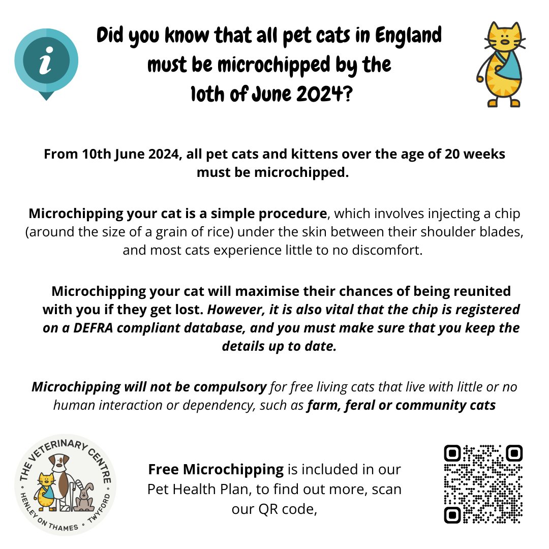 henleyvets's tweet photo. Microchipping your pet cat will become law on 10th June 2024. 

#cats #microchipping #catmicrochip #microchipyourcat #localvets #independentvets #pethealthplan #henleyonthames #twyfordberkshire https://t.co/IozI5Tzj28