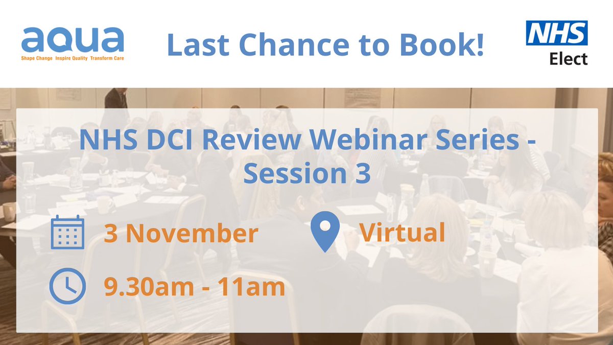 Aqua_NHS's tweet image. Last chance to book!

Don't miss out on our webinar with @NHSElect exploring #NHSImpact. 

Next session: Developing your organisation, provider collaborative or ICS management system with improvement at the heart.

📅 3 November

Register now: eventbrite.co.uk/e/nhs-elect-aq…