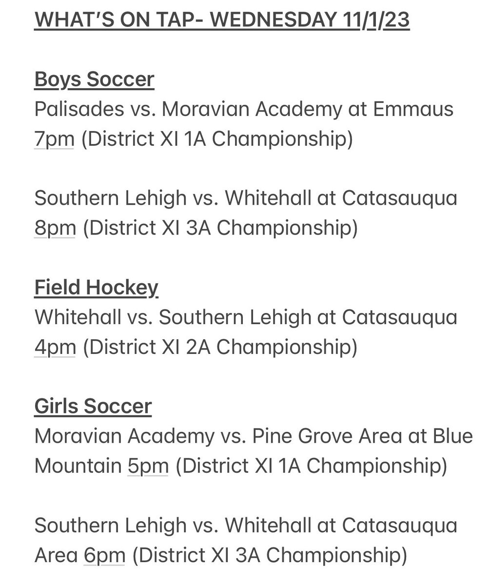 CHAMPIONSHIP WEDNESDAY: 

Tonight a total of five teams will be crowned <a href="/PIAADistrictXI/">PIAA District XI</a> Champions in both Boys and Girls Soccer along with Field Hockey. 
Best of luck to all the Student-Athletes vying for the Gold.