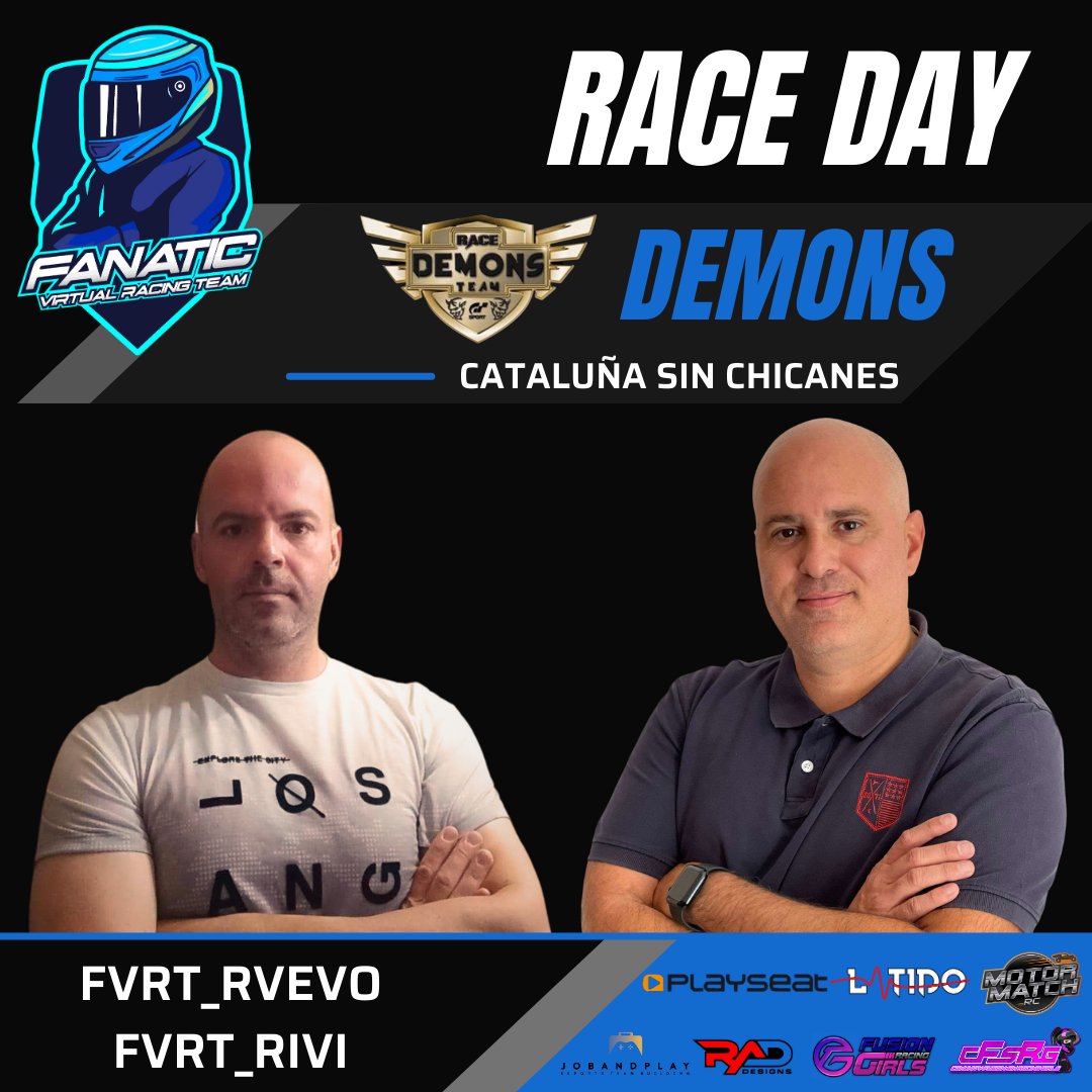 Jornada de #GT7
📝<a href="/RaceDemons/">RACE DEMONS TEAM</a> 

👤 <a href="/rvevo3/">Rvevo3_</a> 
👤 <a href="/FVRT_RIVI/">FVRT_RIVI</a> 

¡Mucha suerte!  

💼 <a href="/PlayseatSpain/">Playseat Iberica Internacional SL</a> <a href="/jobandplay/">JobAndPlay</a> <a href="/latidoshop/">Latido</a> <a href="/motormatchrc/">MotorMatch RC</a>

👥 <a href="/RacingFusion/">Fusion Racing Girls</a> <a href="/Communityfrgirl/">Community fusion Sim Racing Girls</a> 

🚓🖌️ <a href="/RadMad32/">Radmad32_designs</a> 

#races #gaming #gamer