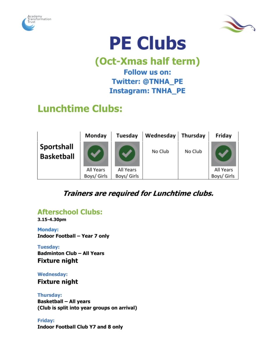 TNHA_PE's tweet image. Check out our PE clubs this half term....#sitlessmovemore #getinvolved