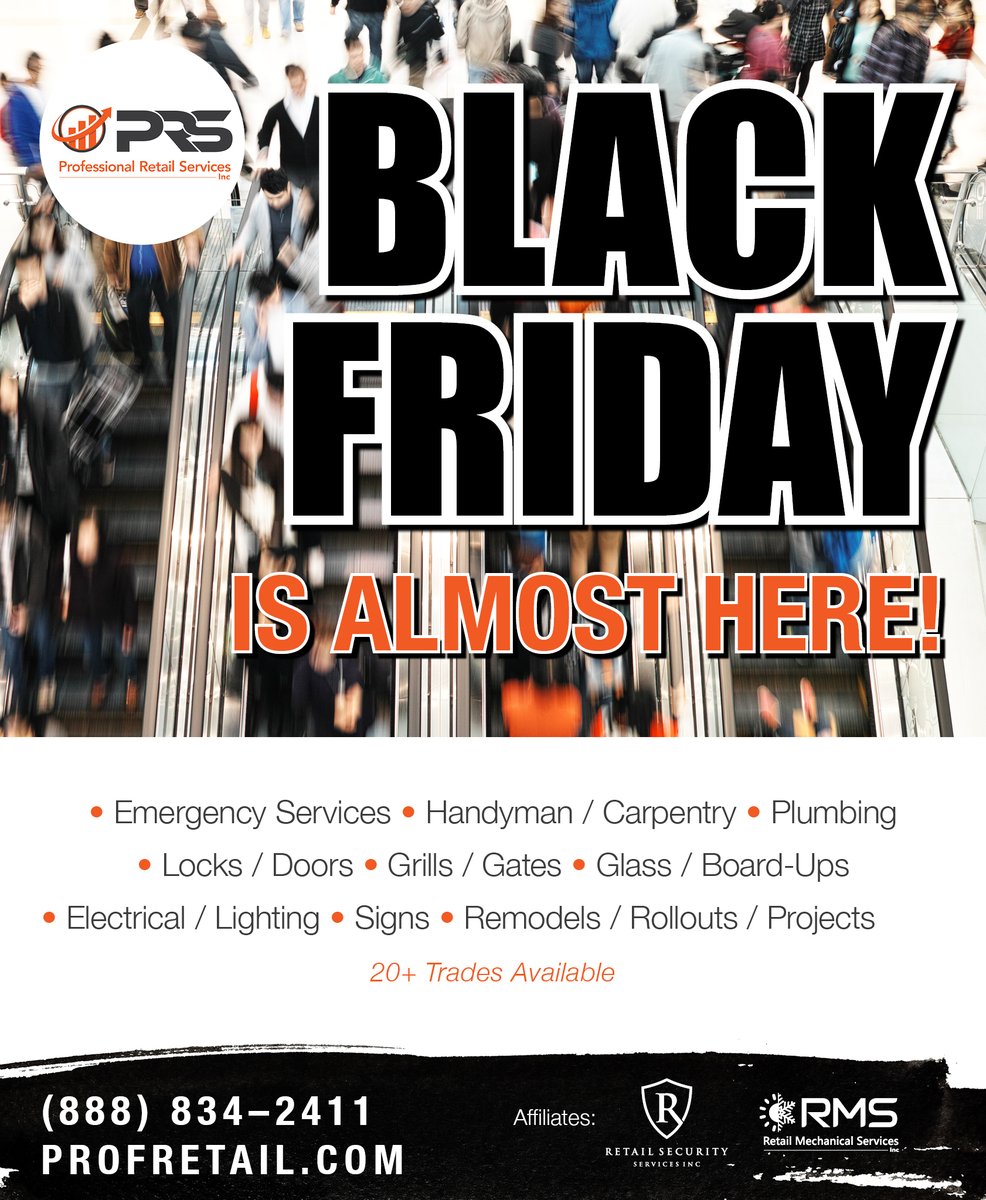 ProfRetailInc's tweet photo. Black Friday is around the corner. Is your facility ready? From plumbing and handyman to locks, doors, lighting, and electrical, PRS has you covered! Visit https://t.co/KvA1DgBSlw to learn more.
 
#facilitiesmaintenance #retailfacilities #restaurantfacilities #blackfriday https://t.co/kPXcy570QZ