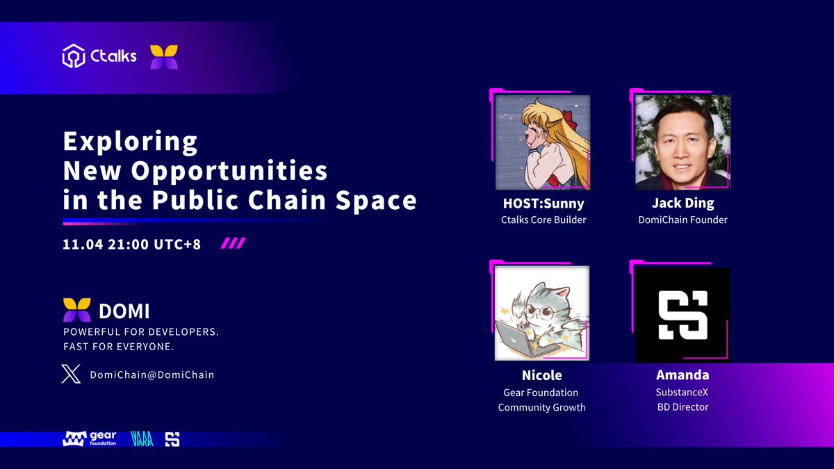 🎙️Space：Exploring New Opportunities in the Public Chain Space  

📣11.4 21:00 UTC+8  HOST：sunny @SunnyMQ1

Guest: Jack Ding @DomiChain
Nicole@trouble_solverr
Amanda@SubstanceX_
🏖️x.com/i/spaces/1lPJq…

#Web3📷 #Defi #Publicchain #ctalks #cess #domi