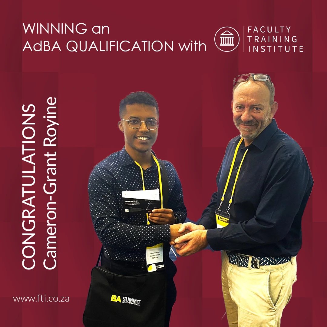 facultytraining's tweet photo. Winning an AdBA :: Cameron-Grant Royine is ecstatic! Last night Cameron won the Advanced Programme in Business Analysis at the #BASummitSA. Congratulations and welcome to the FTI family! Start your own BA exploration with https://t.co/llLFLLcNMd today! https://t.co/f72wmwI6bo
