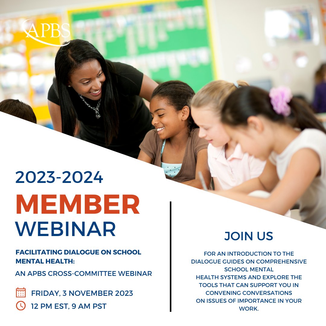 📣 Join us on November 3, 2023, at 12:00 pm ET for a groundbreaking webinar on Facilitating Discussions on School Mental Health! 🧠✨

Check out the Dialogue Guides: schoolmentalhealth.org/resources/foun…

And register here: apbs.org/members-home/m…