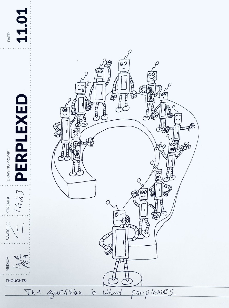 RandallAndrews1's tweet image. Day 1. Perplexed. My robots highly question their choices. #perplexed #simpledailydrawing #november2023 #drawingprompts #robots #frumpysketch @SDDArtCommunity