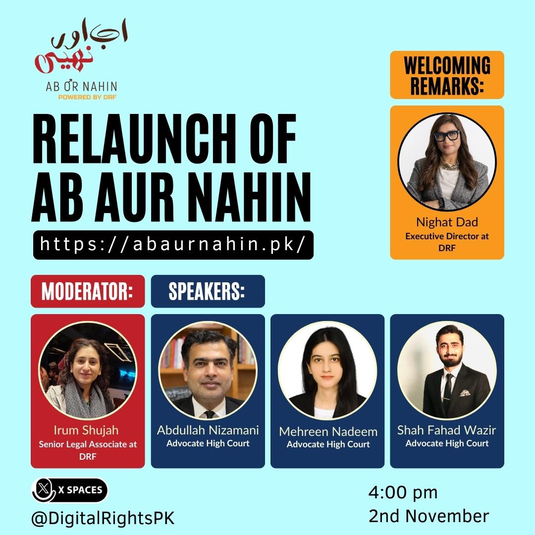 DigitalRightsPK's tweet photo. Meet our Speakers for the X space tomorrow where we discuss the promotion of a safer online environment for all and raise awareness about the importance of combating cyber-harassment through reporting!

🗓️ 02 November 2023
🕓 4:00 PM 
🔗 https://t.co/mKVi8FdkDt

#AbAurNahin https://t.co/hZn0uah9O4