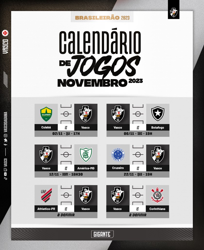 Vasco da Gama on X: 🗓 Confira o nosso calendário de jogos do mês de  novembro! 💢⚽ #VascoDaGama  / X