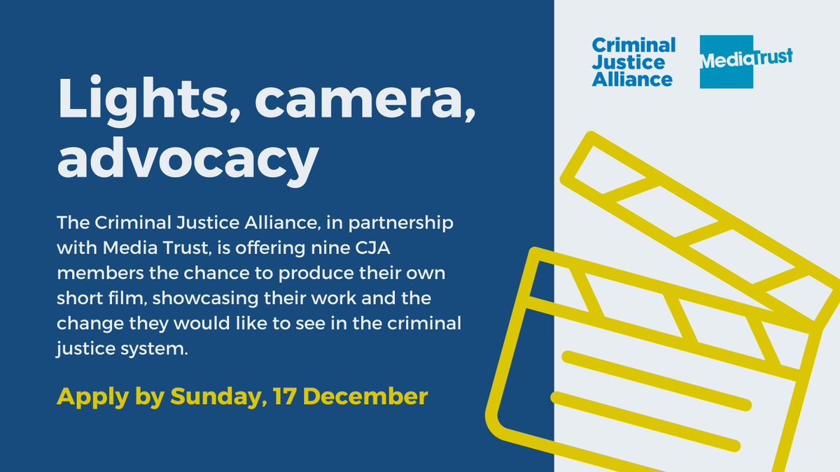 cjalliance's tweet photo. 📽Calling all CJA members! Want to showcase your impact through film? We've teamed up with @Media_Trust to give you the chance to partner with a professional filmmaker. Your impact, your story, captured on film - free.

Apply by 17 December. More info: https://t.co/xqJBA807iD https://t.co/Qr3j4J7usd