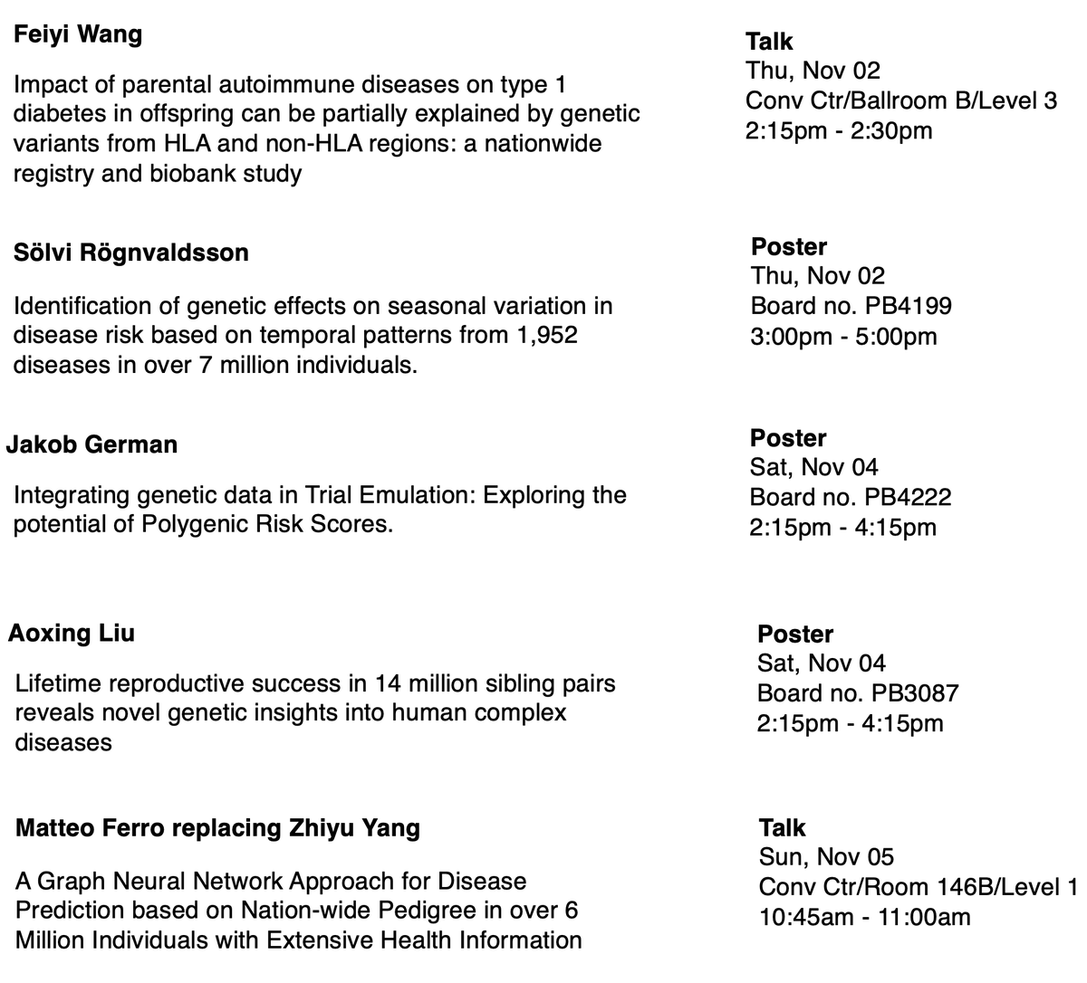 Hello #ASHG23! 

See 👇 the presentations from the team. Very proud of all the hard work that went into this.

If anyone wants to chat about ML for EHR/registry data and integration with genetics, please DM. 

<a href="/FinnGen_FI/">FinnGen</a> <a href="/FIMM_UH/">FIMM HelsinkiUni</a>