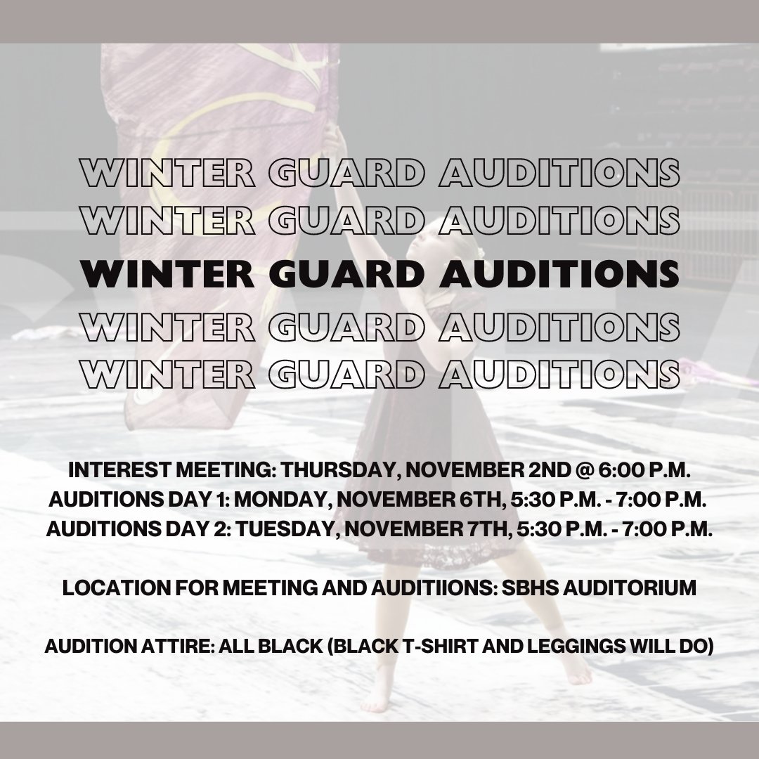 The Pride of Silver Bluff High School Winter Guard is having an interest meeting TOMORROW, Thursday, November 2nd at 6:00pm in the Silver Bluff High School Auditorium. Auditions will be held Monday and Tuesday, November 6th-7th from 5:30-7:00pm.